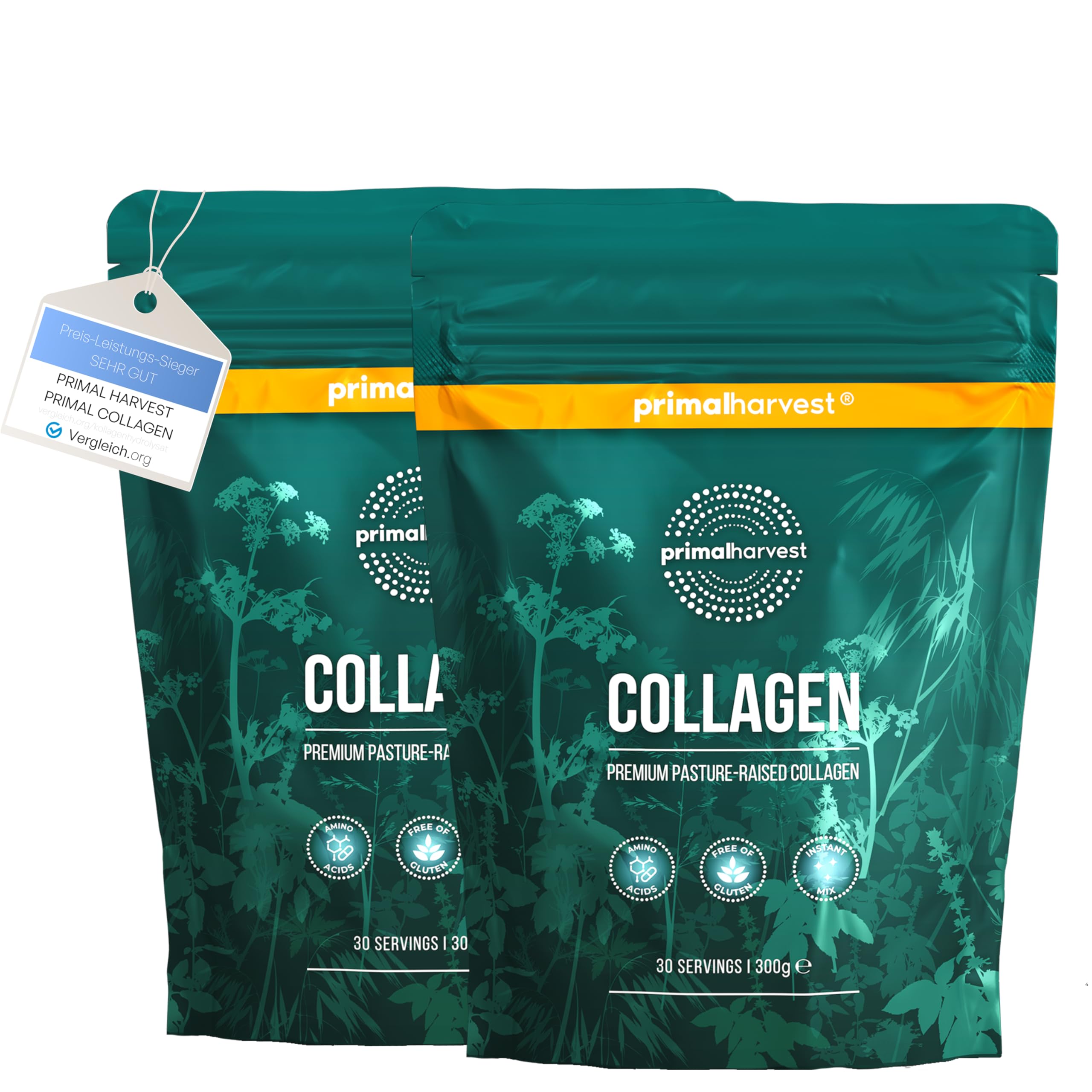 Primal Harvest Collagen Pulver Hochwertiges hydrolysiertes Kollagenpulver Typ I & III – 300 g – Geschmacksneutral – Kollagenpeptide (30 Portionen (2er Pack)