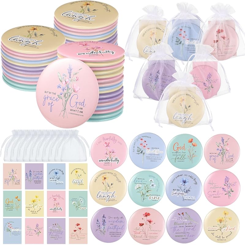 Funnymoom Conjunto com 48 Espelhos Compactos Redondos com Cartões de Versículos e Sacos de Organza, Cores Pastel