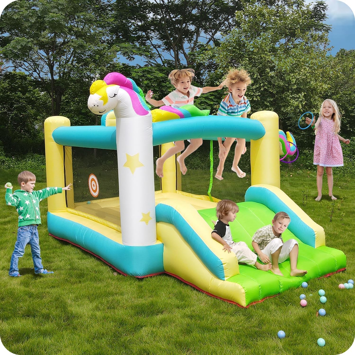 Step4Fun Inflatable Bounce House,Bouncy Castle with Wide Slide for Kids Outdoor/Indoor,Cute Jumping House for Toddlers with Basketball Hoop,Dart Game,Included Air Blower,Repair Kit (Unicorn)