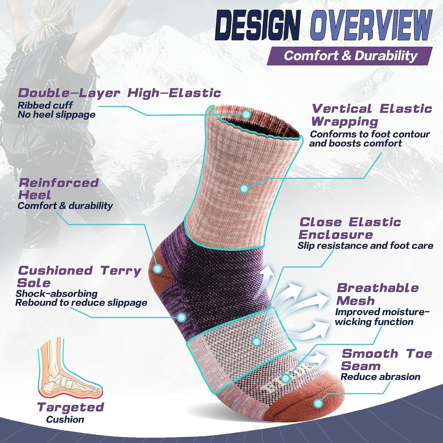FEIDEER Women's Hiking Walking Socks, Outdoor Recreation Socks Wicking Cushion Crew Socks