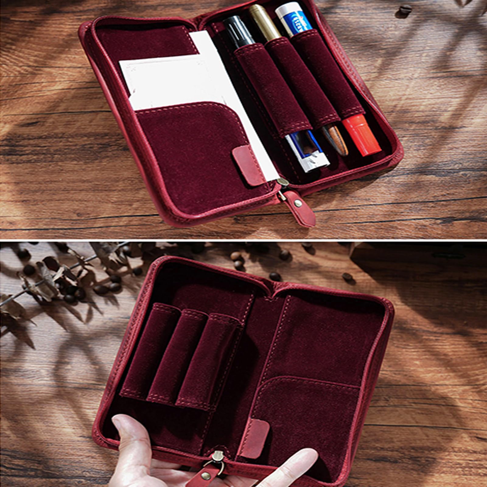 Estuche de cuero para pluma estilográfica con 3 ranuras divididas, gran capacidad, bolsa de papelería, suministros escolares y de oficina, Color café