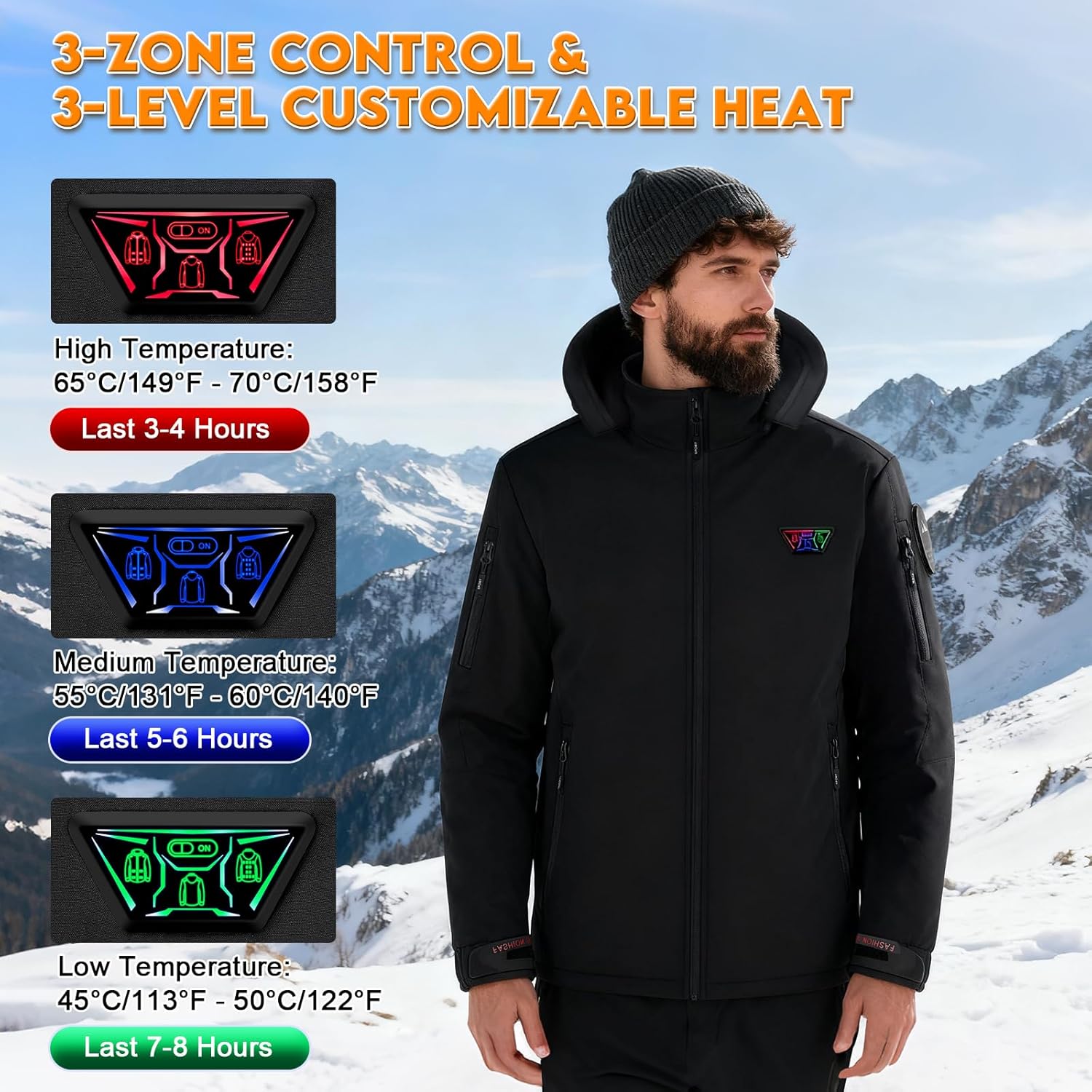 Heated Jacket for Men, Men's Heated Coat with 20000mah 7.4V Battery Pack, 21 Heating Zones, Winter Soft Electric Heating Coat (US, Alpha, Medium, Regular, Regular) - Image 3