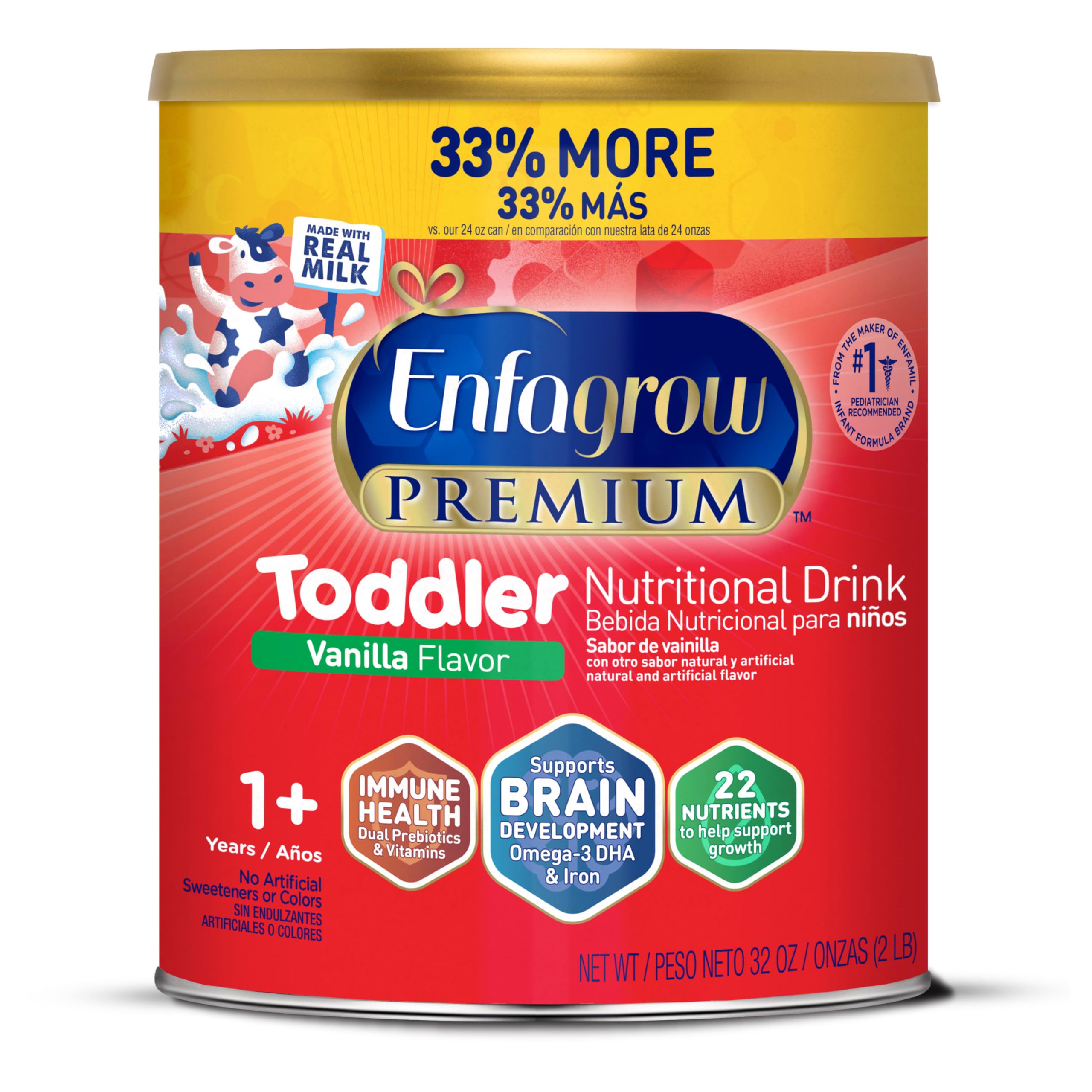 EnfagrowPremium Toddler Nutritional Drink, Natural Vanilla Flavor, Omega-3 DHA for Brain Support, Prebiotics & Vitamins for Immune Health, Non-GMO, Powder Can, 32 Oz (Pack of 1