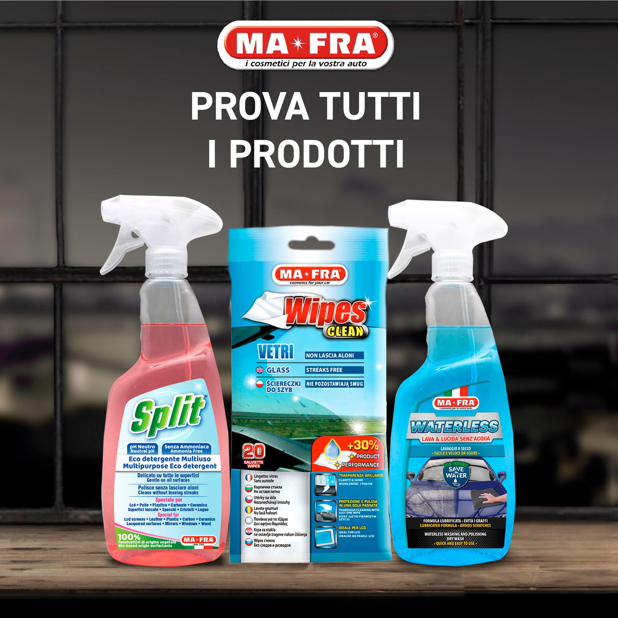 Ma-Fra, Glass Cleaner, Sgrassatore per Vetri e Cristalli, Ideale per la Pulizia dei Vetri Auto, Migliora la visibilità alla Guida, Elimina Ditate e Tracce di Smog, Non Rilascia Residui o Aloni, 500ml