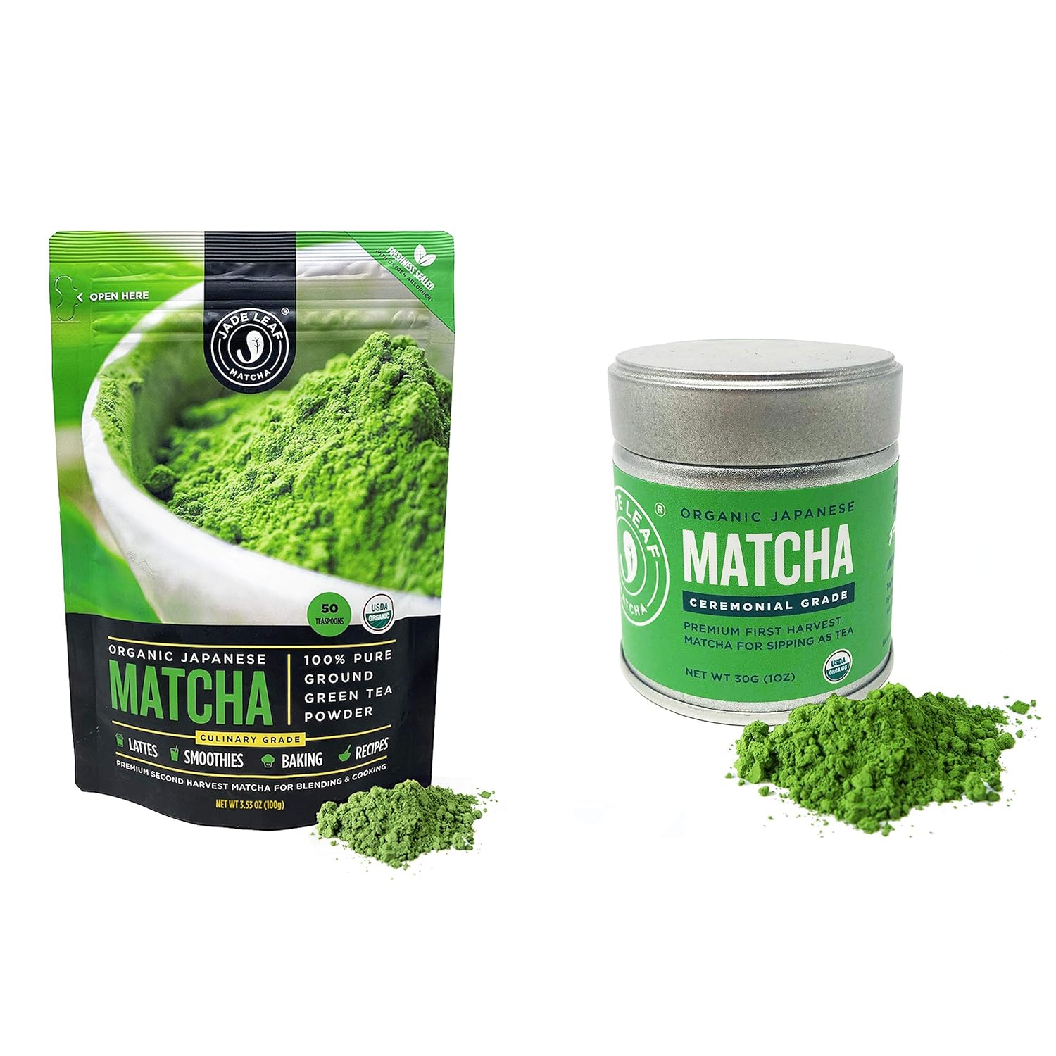 Jade Leaf Matcha Culinary + Ceremonial Matcha Bundle - Organic Matcha Green Tea Powder Culinary Pouch (100g) and Ceremonial Tin (30g)