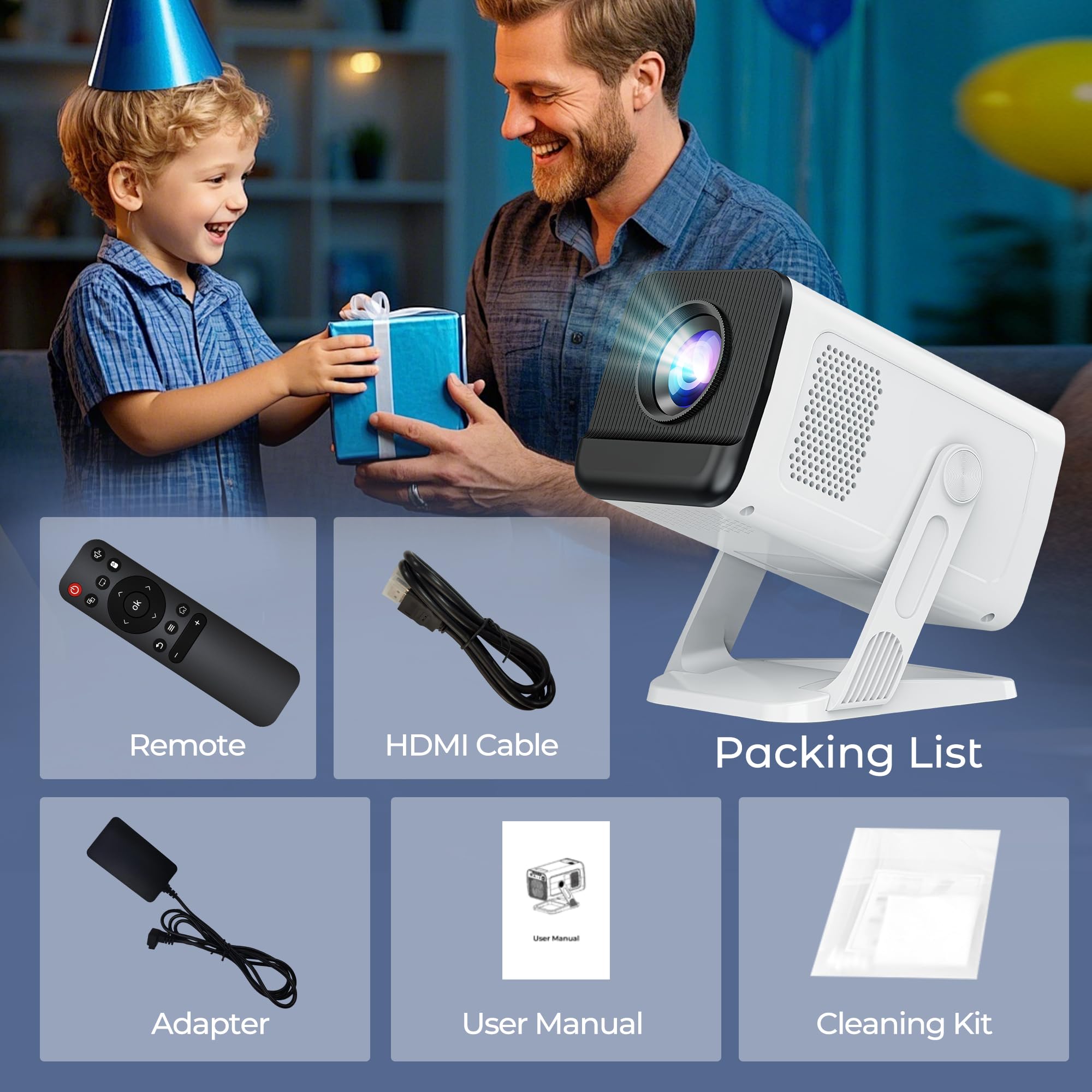 Mini proiettore Android 11 supportato 4K con WiFi 6 e Bluetooth 5.4 | 400 ANSI lumen | Keystone automatico | Proiettore portatile per film all'aperto per iPhone, Netflix, campeggio, camera da letto e