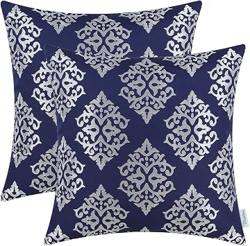 CaliTime Pack of 2 Soft Jacquard Throw Pillow Covers Cases for Couch Sofa Home Decoration Vintage Diamond Shape Damask Floral 18 X 18 Inches Navy Blue