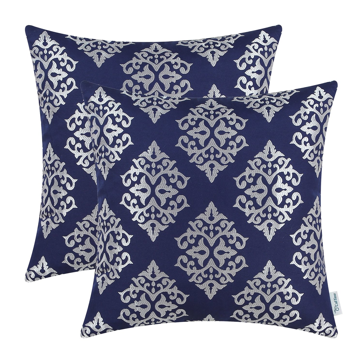 CaliTime Pack of 2 Soft Jacquard Throw Pillow Covers Cases for Couch Sofa Home Decoration Vintage Damask Floral 45cm X 45cm Navy Blue โ image 1