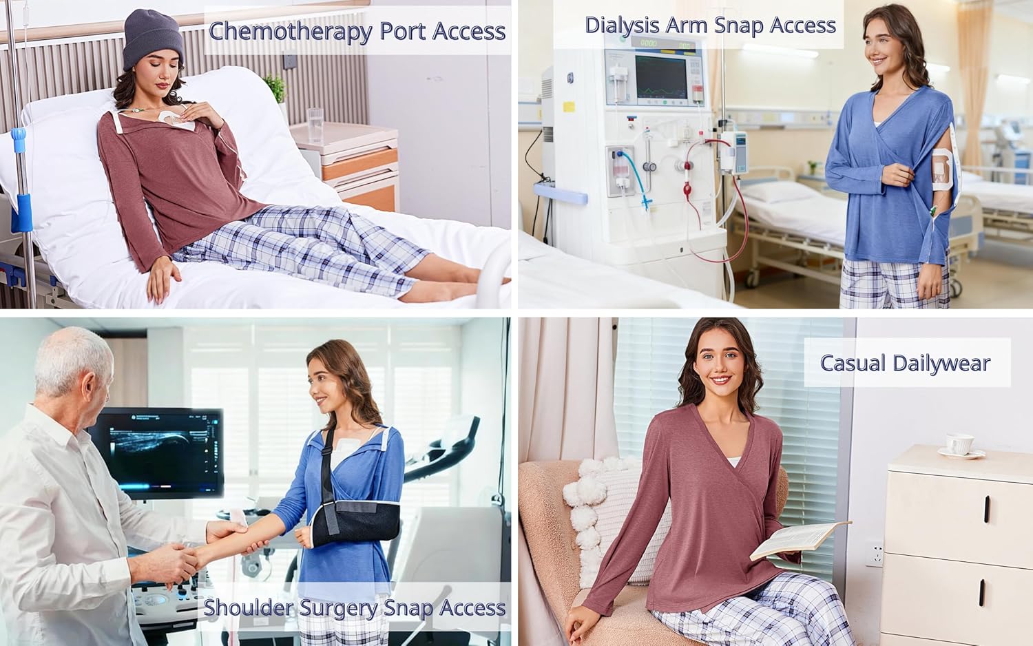 Deyeek Women's Post Shoulder Surgery Shirts Long Sleeve V-Neck Wrap Chemo Blouse Easy Access Adaptive Snap On Dialysis Shirts - Image 5