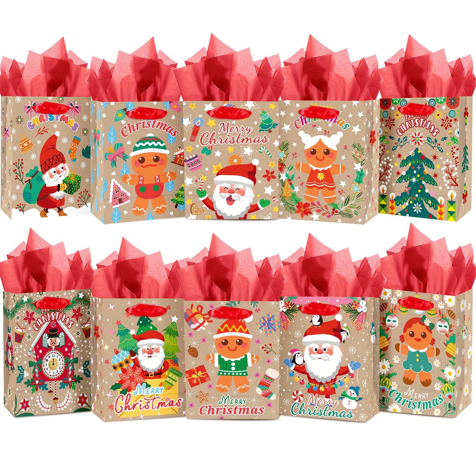 Gcardist Christmas Bags Set of 10 - White Bags with Gingerbread Man Design(10PCS with different patterns, Tissue Paper as a gift, Small Size 2.4"x 4.7"x 6.3") โ image 1