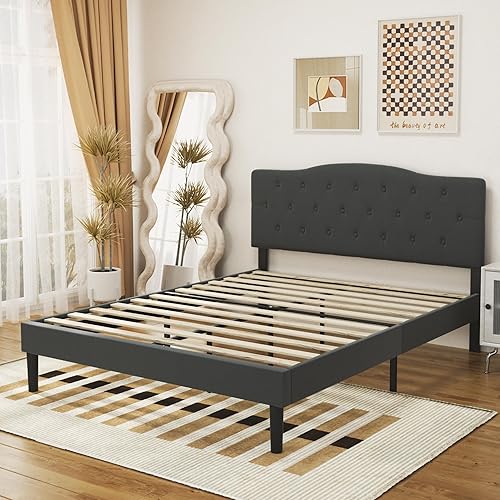Miniatura 95 de VECELO Base de cama tamaño Queen tapizada con cabecera ajustable copetuda/base de colchón con soporte de listones de madera, fácil montaje, azul