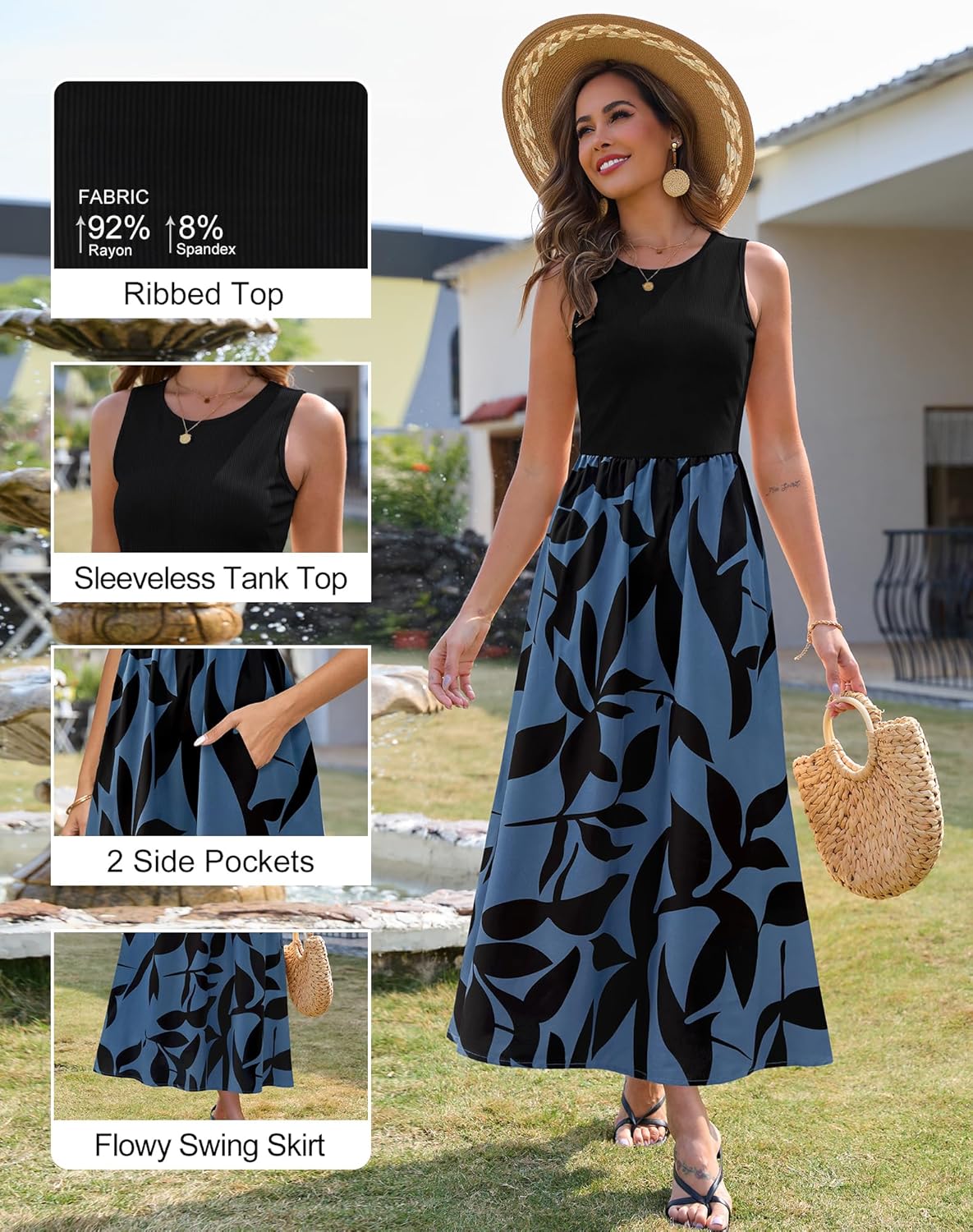 Zattcas Women's Summer Casual Sleeveless Patchwork Knit Crew Neck Tank Top Flowy Long Maxi Dresses with Pockets - Image 5