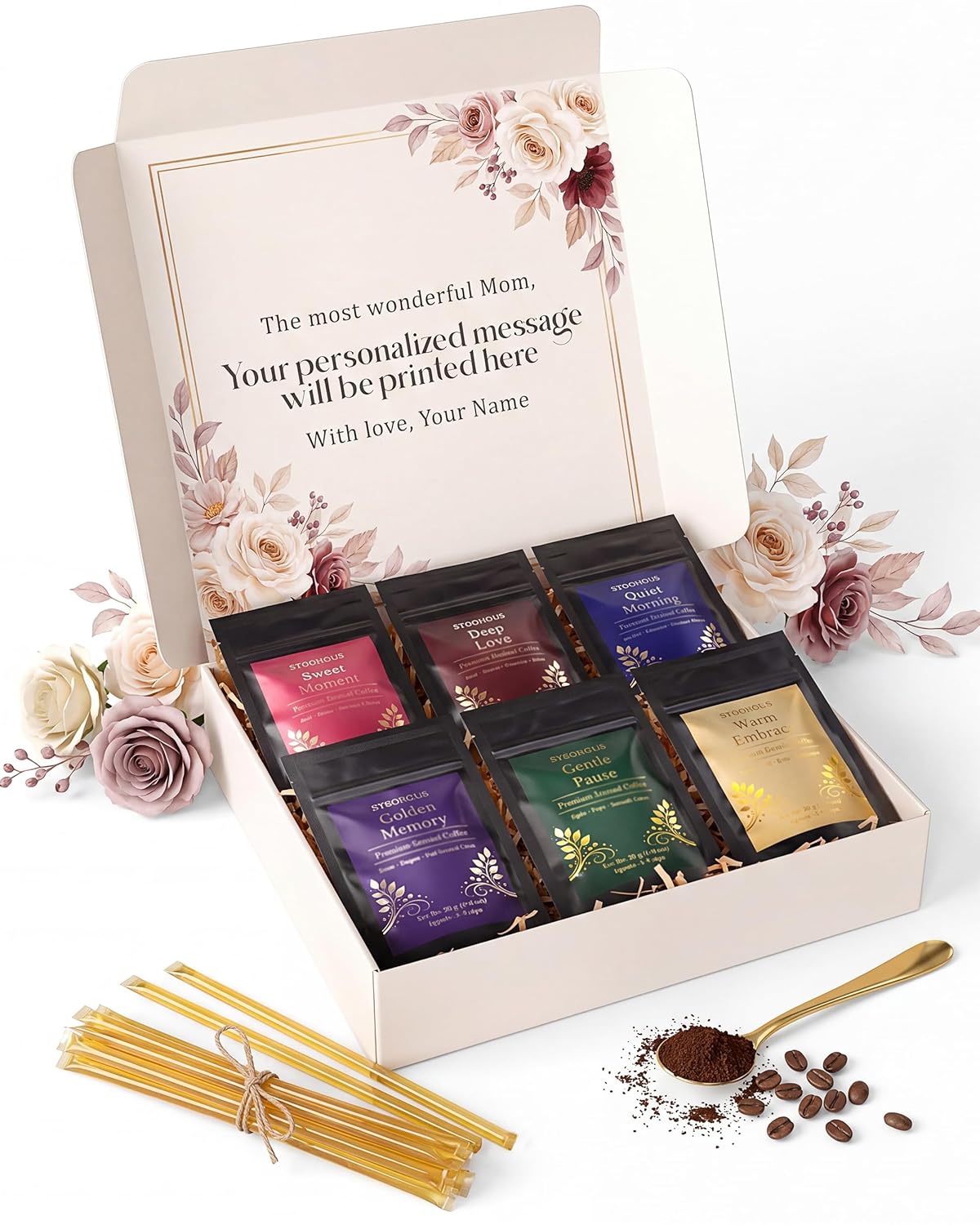 Personalized Coffee Gift Set for Mom – 6 Premium Ground Coffee Sampler + Honey Sticks – Custom Message Inside Box – Mother’s Day Gift from Daughter or Son