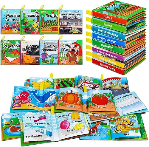 Dr.Rapeti Libros de tela suave para bebés, libros de baño, paquete de 8 para bebés, niños pequeños, arrugados, lavables, masticables, no tóxicos,