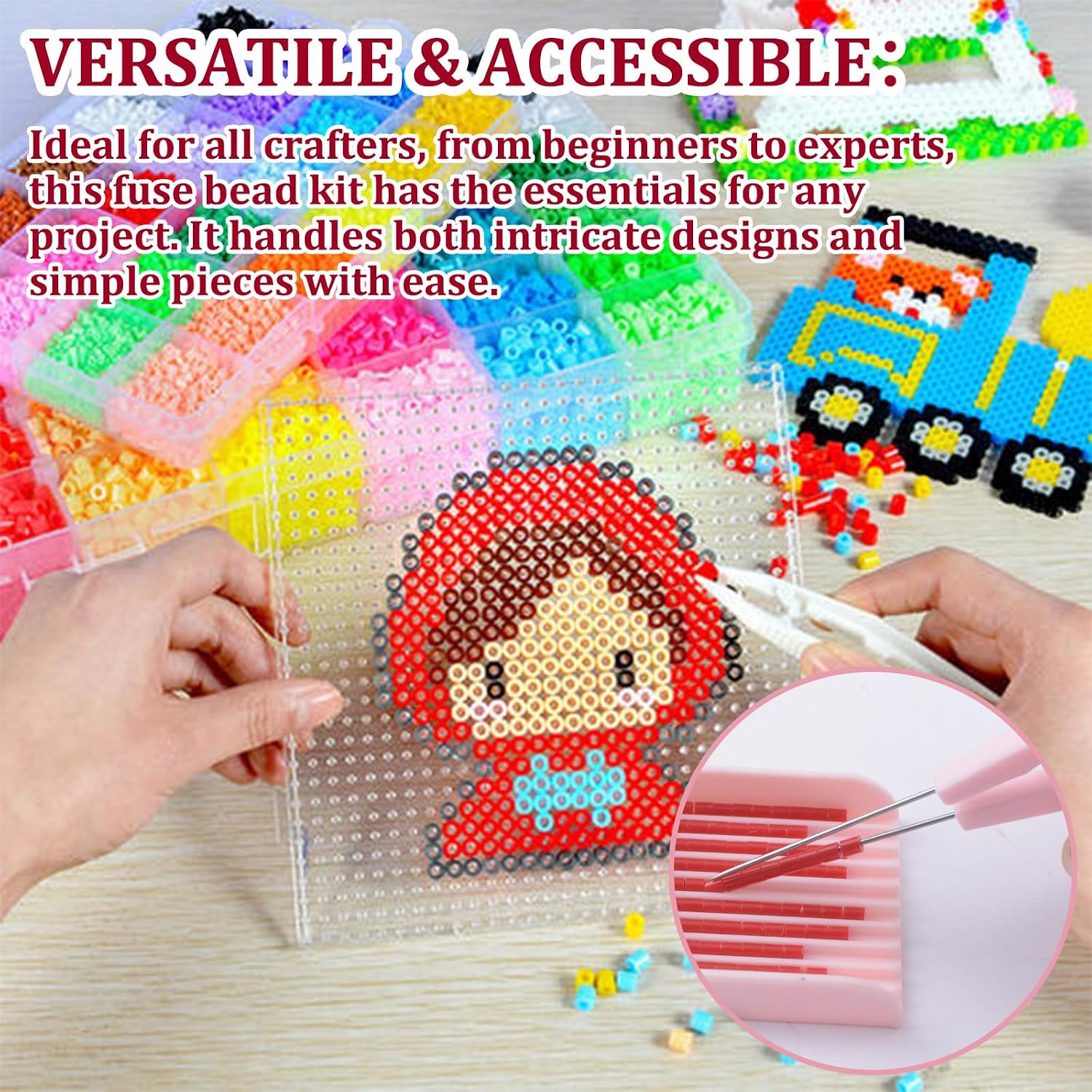 2.6mm Fuse Beads Kit,6Pcs Perler Beads Kit-Double Needle Tweezer & Aligner Tray Picking Tray Bead Pegboards Fuse Tool for Iron Bead Crafting