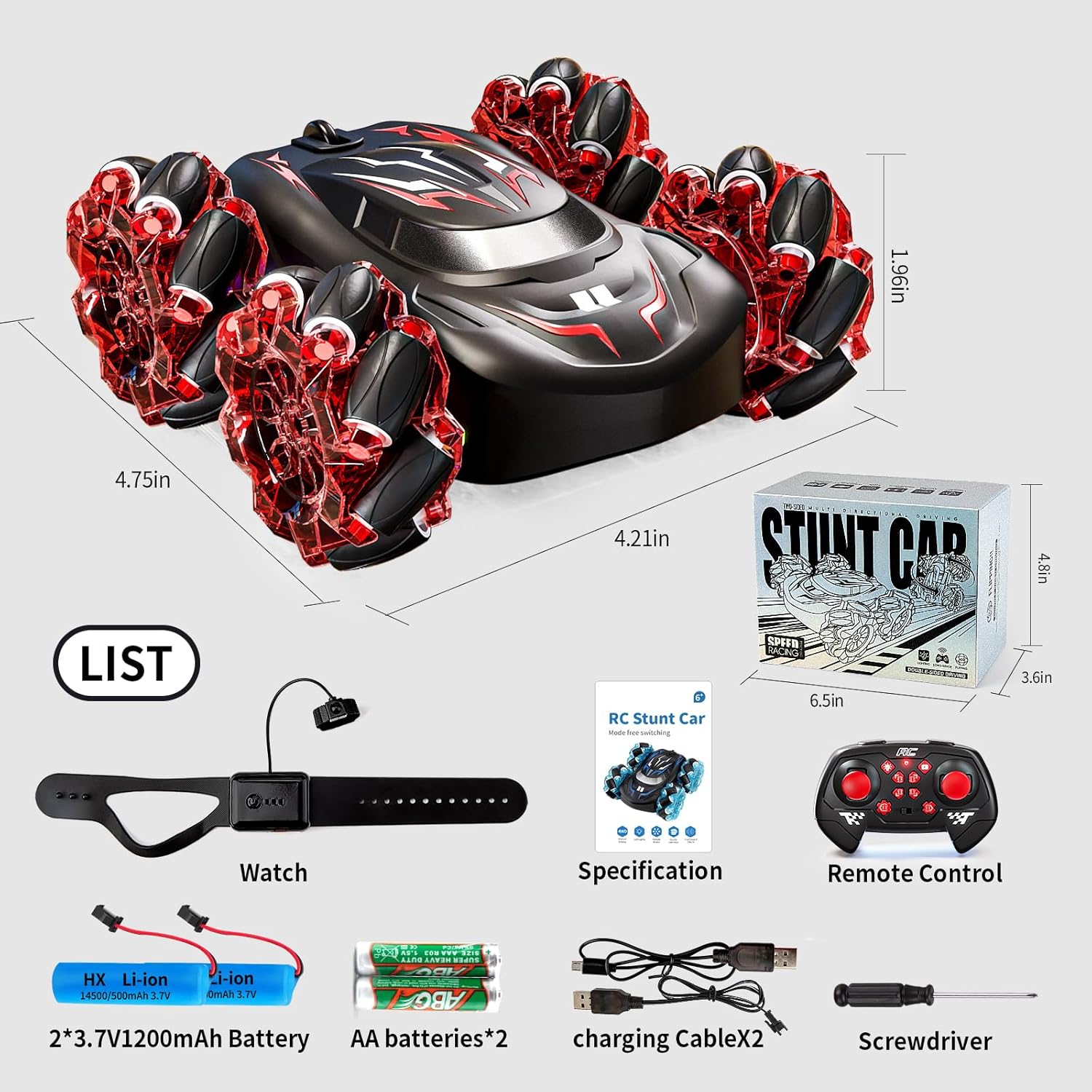 Gesture Sensing RC Stunt Car with LED Lights, Double-Sided Flips Driving 360° Rotating, Sidesway, 2.4GHz 4WD Hand Controlled Remote Control Car for Boy 4-7, 8-12, Birthday Gift for Kids (Red)