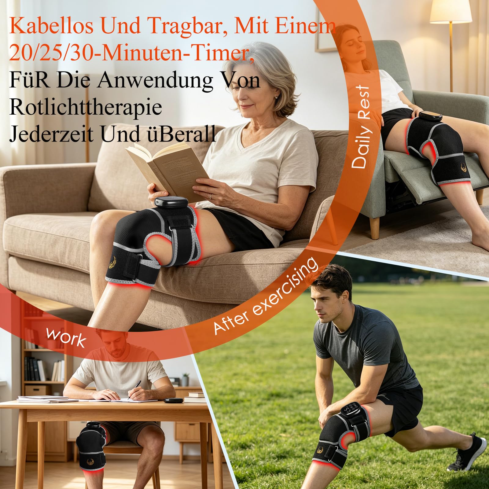 Seenew Kabellose Kniebandage mit Rotlichttherapie, Wärme und massage
