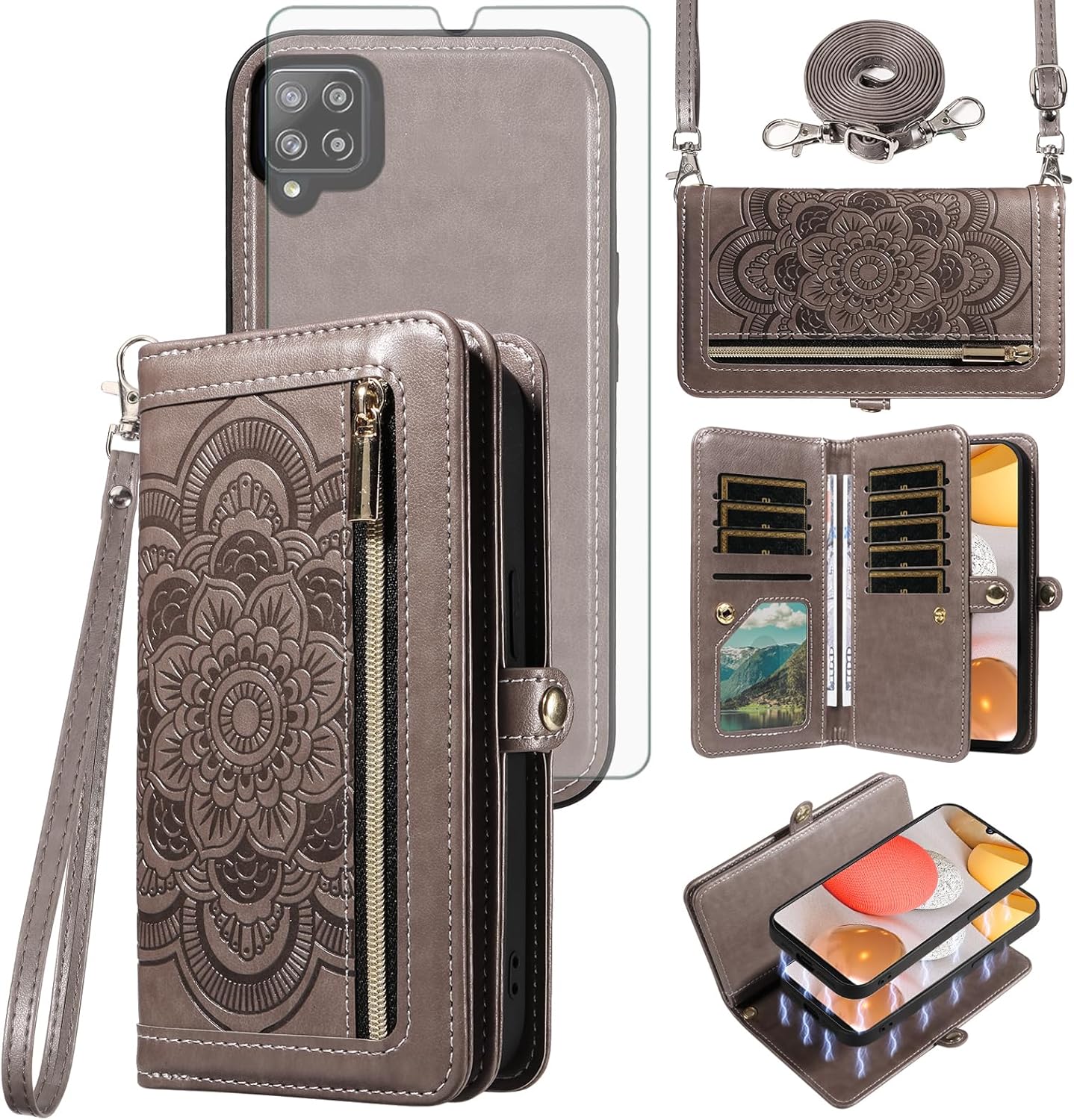 Asuwish Phone Case for Samsung Galaxy A42 5G Zipper Wallet Detachable Cell Cover with Tempered Glass Screen Protector Strap Mandala Flower Card Holder Slot A 42 G5 42A S42 4G 2021 Women Men Girls Gray