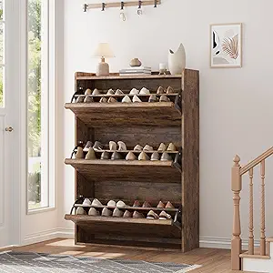 GarveeHome Shoe Cabinet with 3 Flip Drawers, Wooden Shoe Organizer with Adjustable Shelf, Shoe Storage for Entryway, Hidden Shoe Cabinet for Hallway, Living Room, Rustic Brown