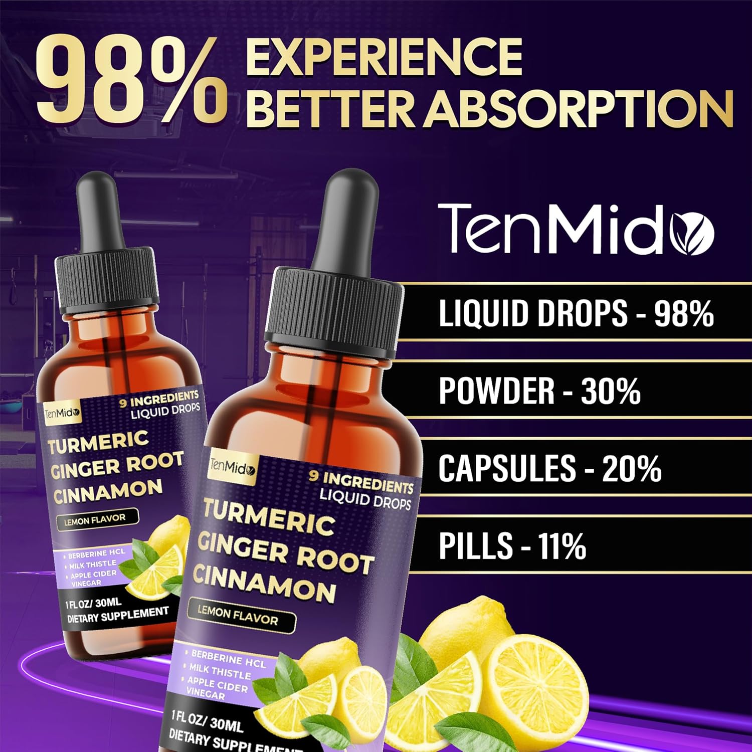 9in1 Liquid Turmeric Curcumin Supplement with Ginger, Ceylon Cinnamon, Berberine HCl, Milk Thistle, Apple Cider Vinegar, Rosemary, Holy Basil & Black Pepper - 30ml 1Fl Oz - Image 7