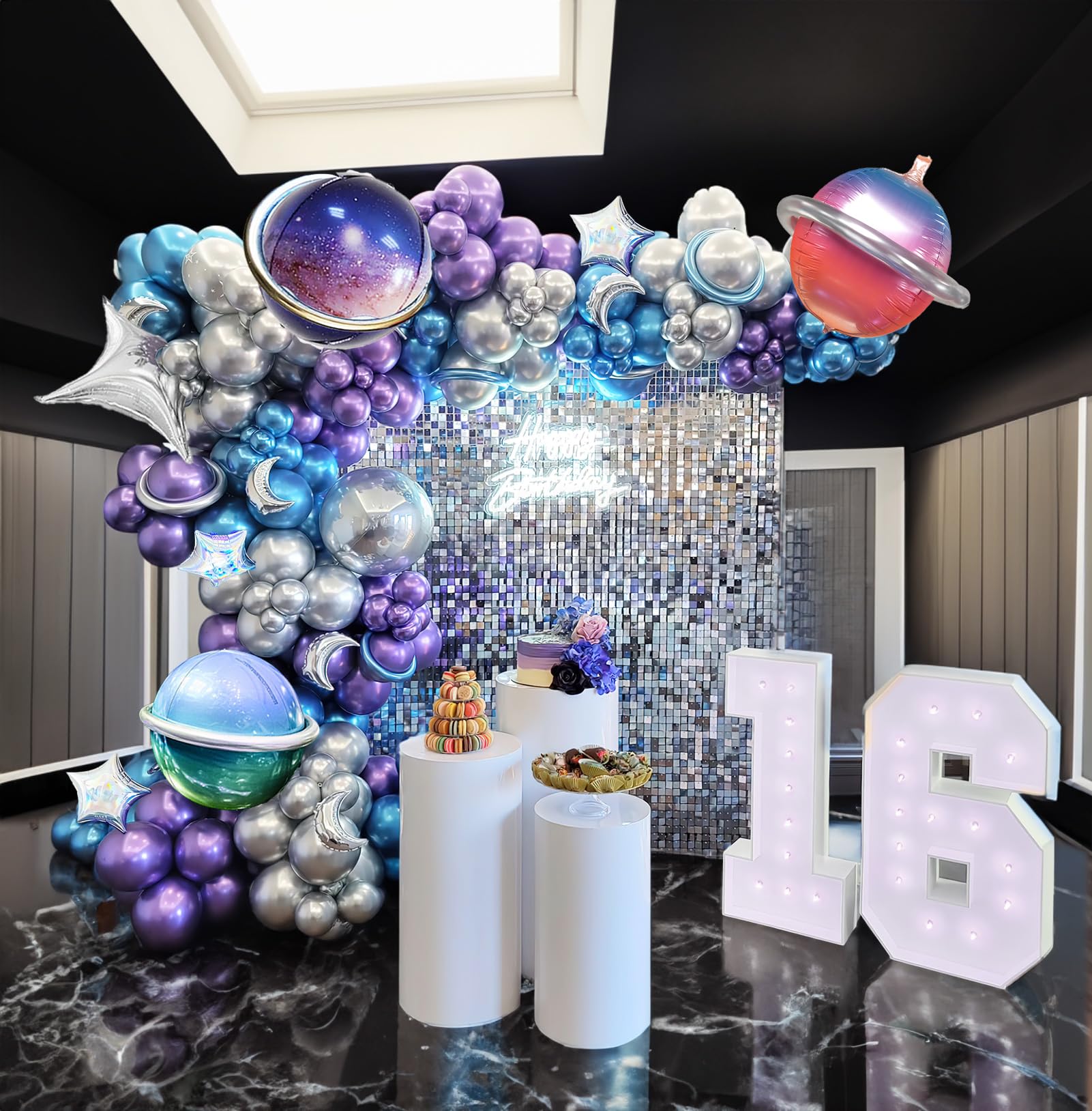 Galaxy balloon Garland Arch Kit 113pcs Metallic Purple Blue Silver Long Balloon with 4D Foil Balloons for outer Space Party Decorations Girl‘s EuphoriaTheme Birthday Supplies