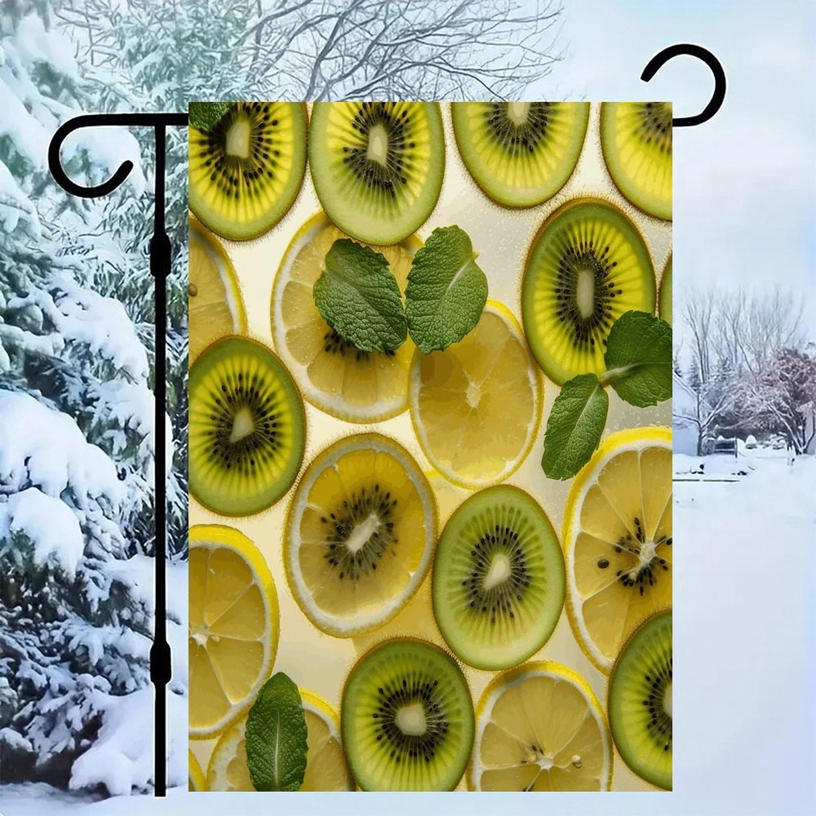 Bandera de jardín de limón y kiwi para decorar el patio en primavera y terrazas exteriores