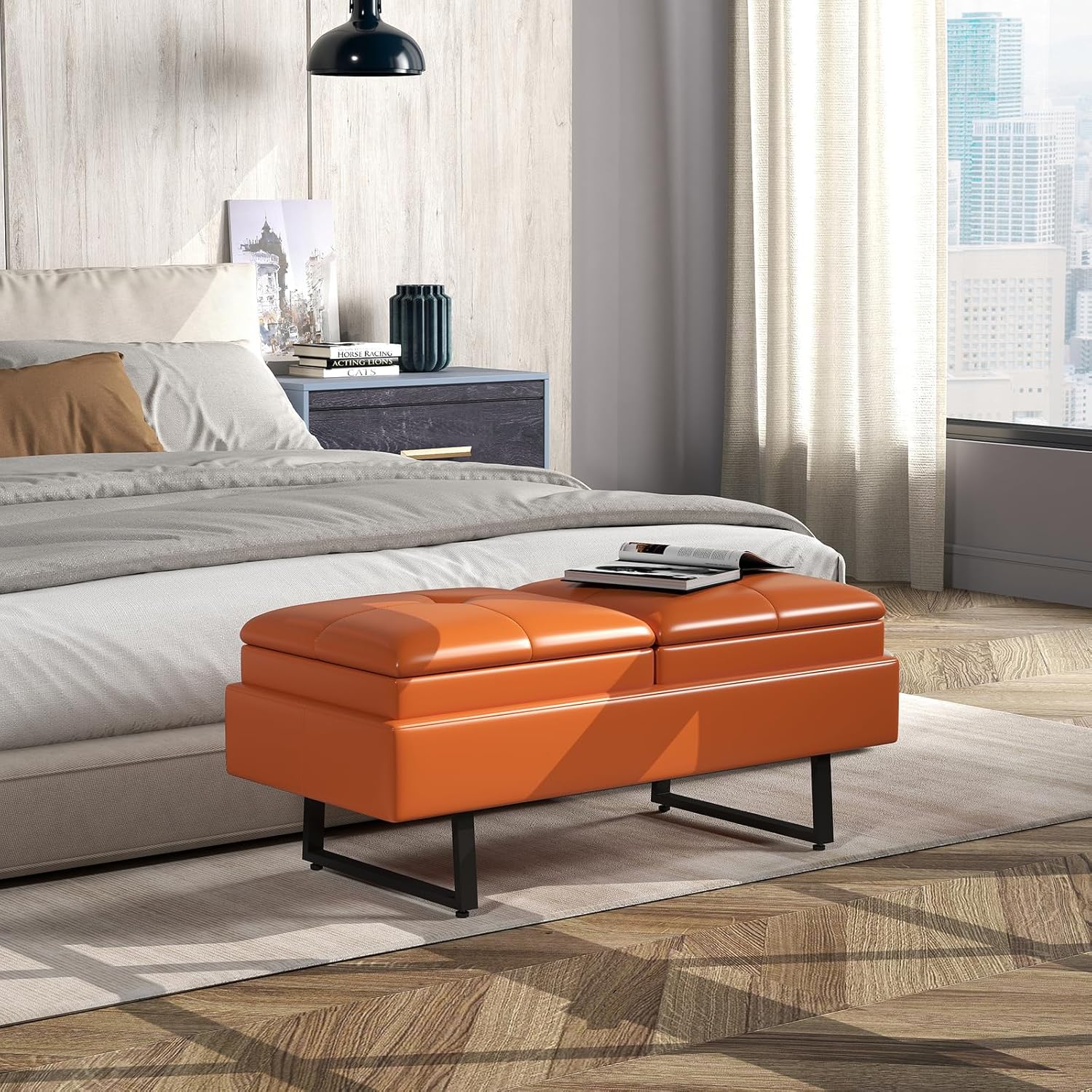 Kinborbaby Faux Leather Office Guest Chair, 2-Seat Upholstered Reception Bench, Lobby Furniture for Salon and Shop, Waiting Room Chairs, Orange