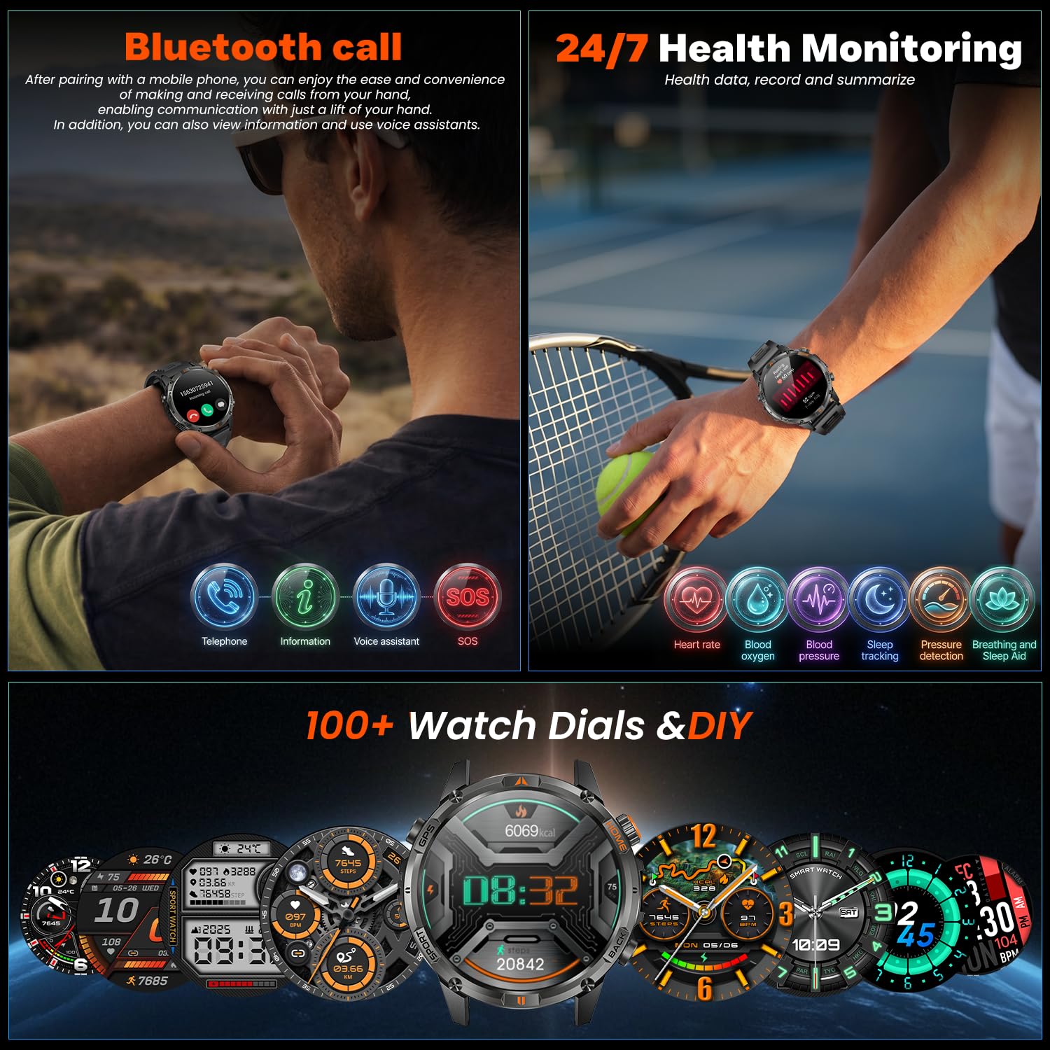 Montre Connectée Homme GPS Smartwatach: 1.46" HD Smart Watch Appel Bluetooth Fréquence Cardiaque SpO2 580mAh Batterie 100+ Modes Sportifs IP68 Etanche Surveillance Santé Torche LED pour iOS e Android