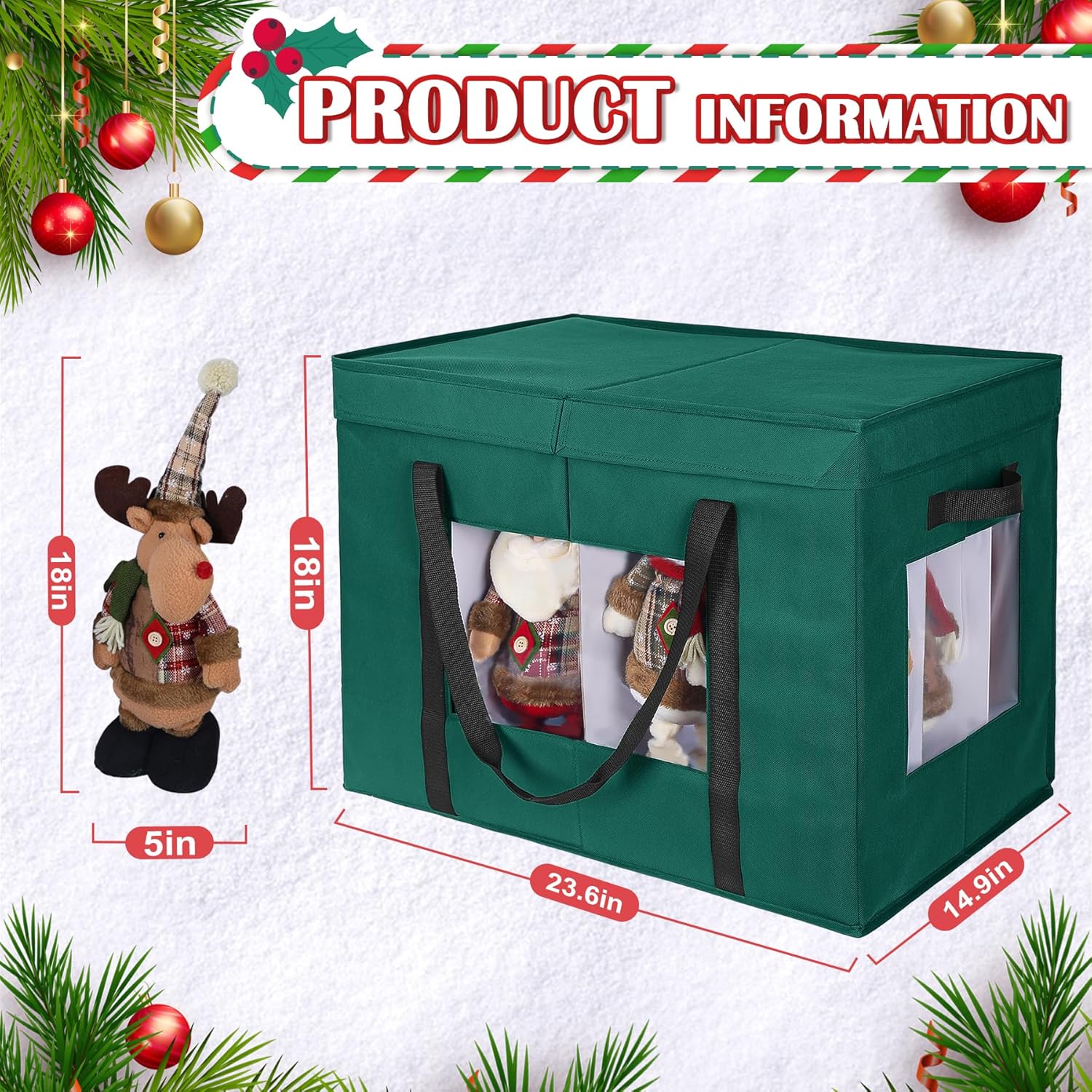 Christmas Figurine Storage Box, 24”x18”x15” Ornament Storage Box, 2025 UpgradeNutcracker Storage Box, Figurine Storage with Dividers, Adjustable Extent Area for Figurines and Pocket, Green