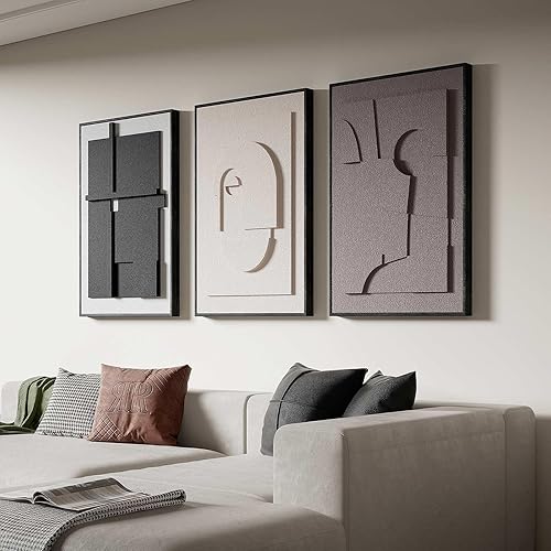 Arte de pared enmarcado con textura 3D grande para sala de estar, 3 piezas de arte abstracto geométrico en relieve para paredes, cuadros modernos