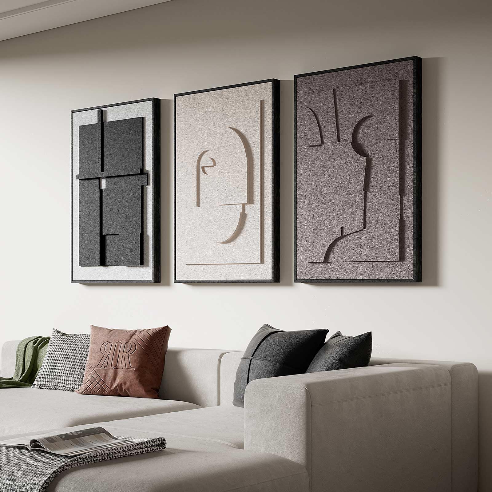 Large 3D Textured Framed Wall Art for Living Room 3pcs Abstract Geometric Relief Artwork for Walls Modern Neutral