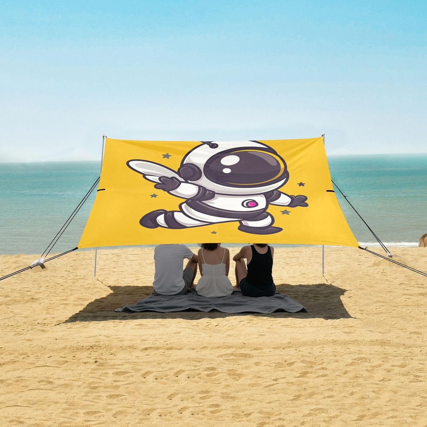 ALAZA Cute Bee Astronaut Cartoon Beach Tent Sun Shelter UPF50+ Protection Beach Shade Canopy w/ 4 Sandbags for Outdoor Camping, Fishing, Backyard Fun, Picnic, 10x9 ft
