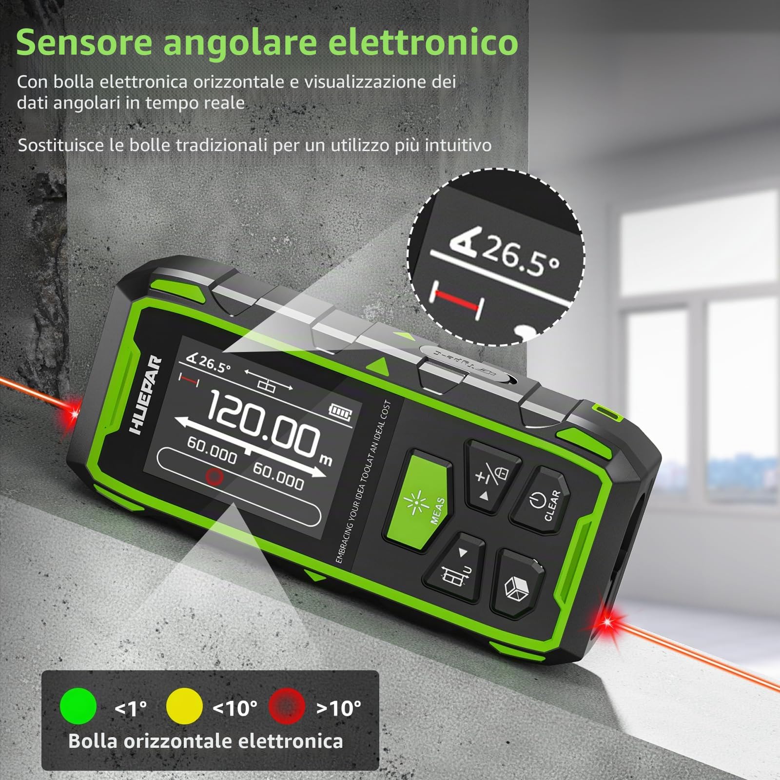 Distanziometro Laser Bilaterale, Huepar 120M con Laser, LCD retroilluminato, misurazione di distanza, superficie e volume e modalità pitagorica SW-210GT