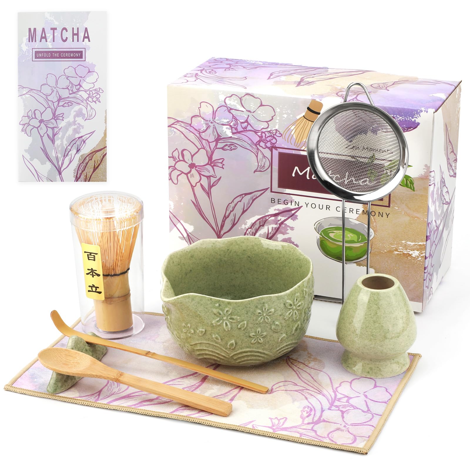 Matcha Whisk Set, 8 Pcs Matcha Kit with Ceramic Japanese Matcha Bowl & Accessories Kit for Traditional Tea Ceremony, Home Use & Gifts for Matcha Lovers (Green)
