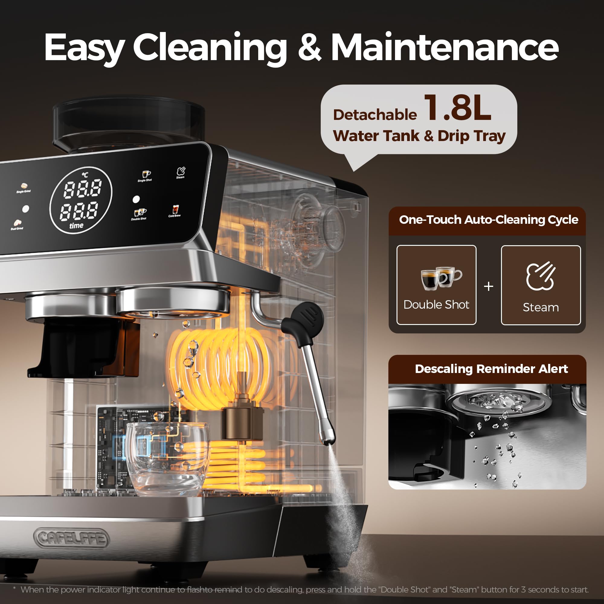 CAFELFFE Máquina de café espresso profesional MK-903 de 20 bares con molinillo incorporado, cafetera con modo caliente/frío y potente espumador de leche para latte/cappuccino, tanque de 1.8L y 1500W