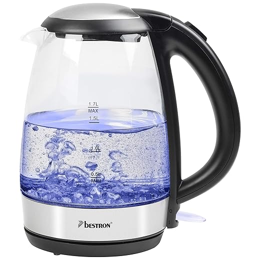 Bestron Hervidor de Agua de Vidrio con Iluminación LED y Apagado Automático, 1,7 Litros, 2200 Vatios, Vidrio/Acero Inoxidable