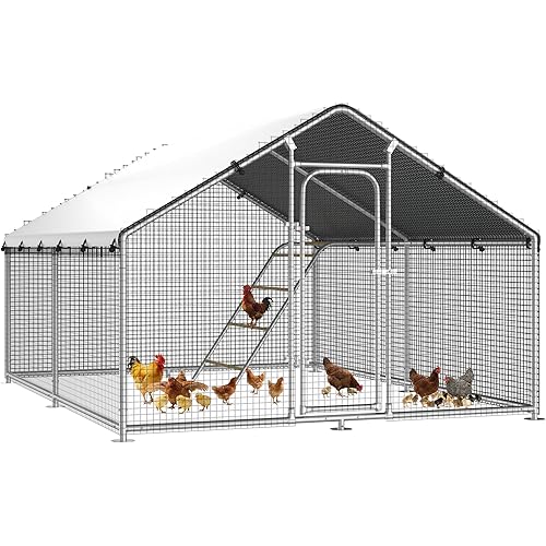 Large Metal Chicken Coop Run with Roosting Perch, Outdoor Poultry Cage with Heavy Duty Wire Mesh and UV-Resistant Cover for Chickens Use, Spire Roof (8.9'W x11.8'L x 6.6'H)