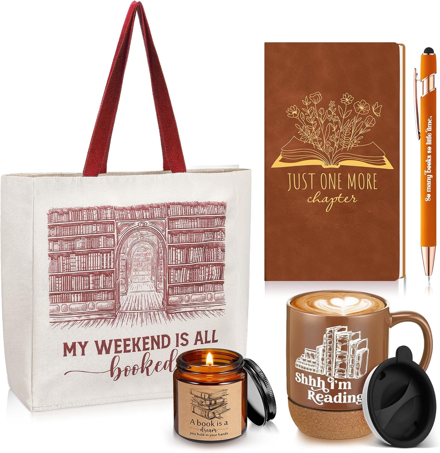 Moinchore Set of 5 Book Lovers Gifts for Reader Canvas Tote Bag Journal Notebook and Ballpoint Pen Ceramic Coffee Mug with Cork Bottom Scented Candle for Teen Teacher Librarian Bookish Author (Green)