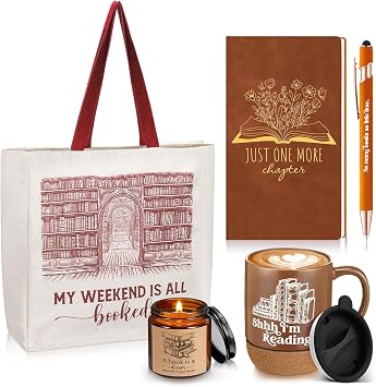 Moinchore Set of 5 Book Lovers Gifts for Reader Canvas Tote Bag Journal Notebook and Ballpoint Pen Ceramic Coffee Mug with Cork Bottom Scented Candle for Teens Teacher Librarian Bookish Author Brown