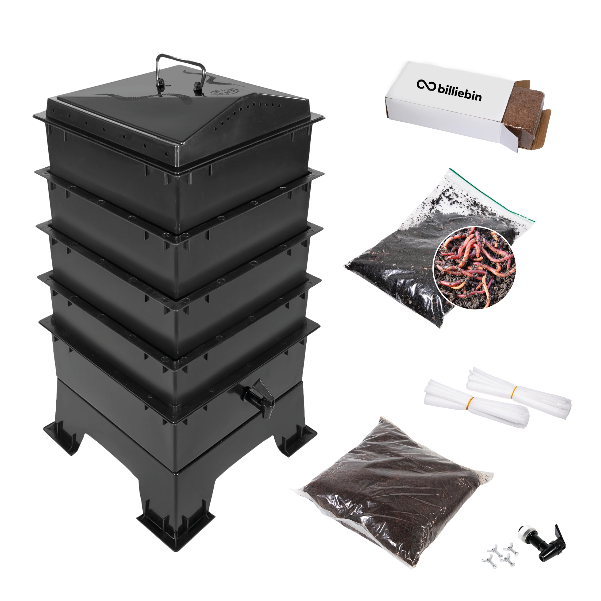 Lombricomposteur 4 Plateaux Kit Complet | 150gr de vers de Compost | Substrat de démarrage + Bloc de Coco + Accessoires | Intérieur, Balcon et Jardin (Noir)