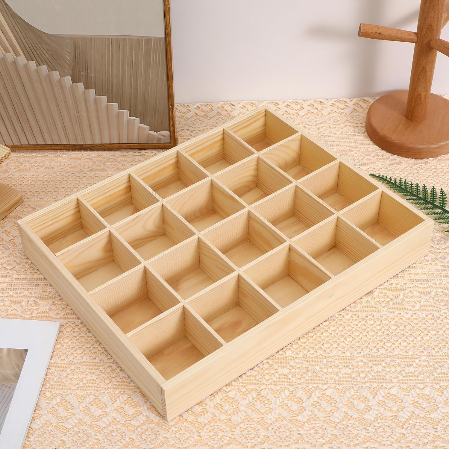 Wakauto Stackable Wooden Sock Storage Box with 20 Compartments, Pine Material Drawer Organizer for Socks and Makeup, Rectangular Design for Closet under Bed Storage