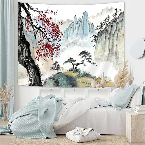 Miniatura 3 de Bcsewcg Arte de pared de anime asiático con flor de cerezo, tapiz de paisaje natural para dormitorio, sala de estar, decoración del hogar (65 x 60