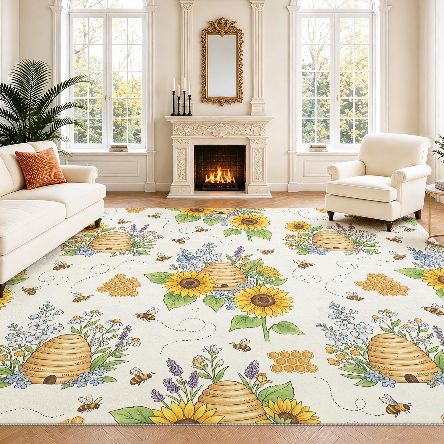 Generisch Waschbarer Wohnzimmerteppich, Landhaus Biene Niedriger Flor rutschfest Teppich, Landhaus Biene Sonnenblume Teppiche für Wohnzimmer Schlafzimmer Kinderzimer 80 x 120 cm Beige
