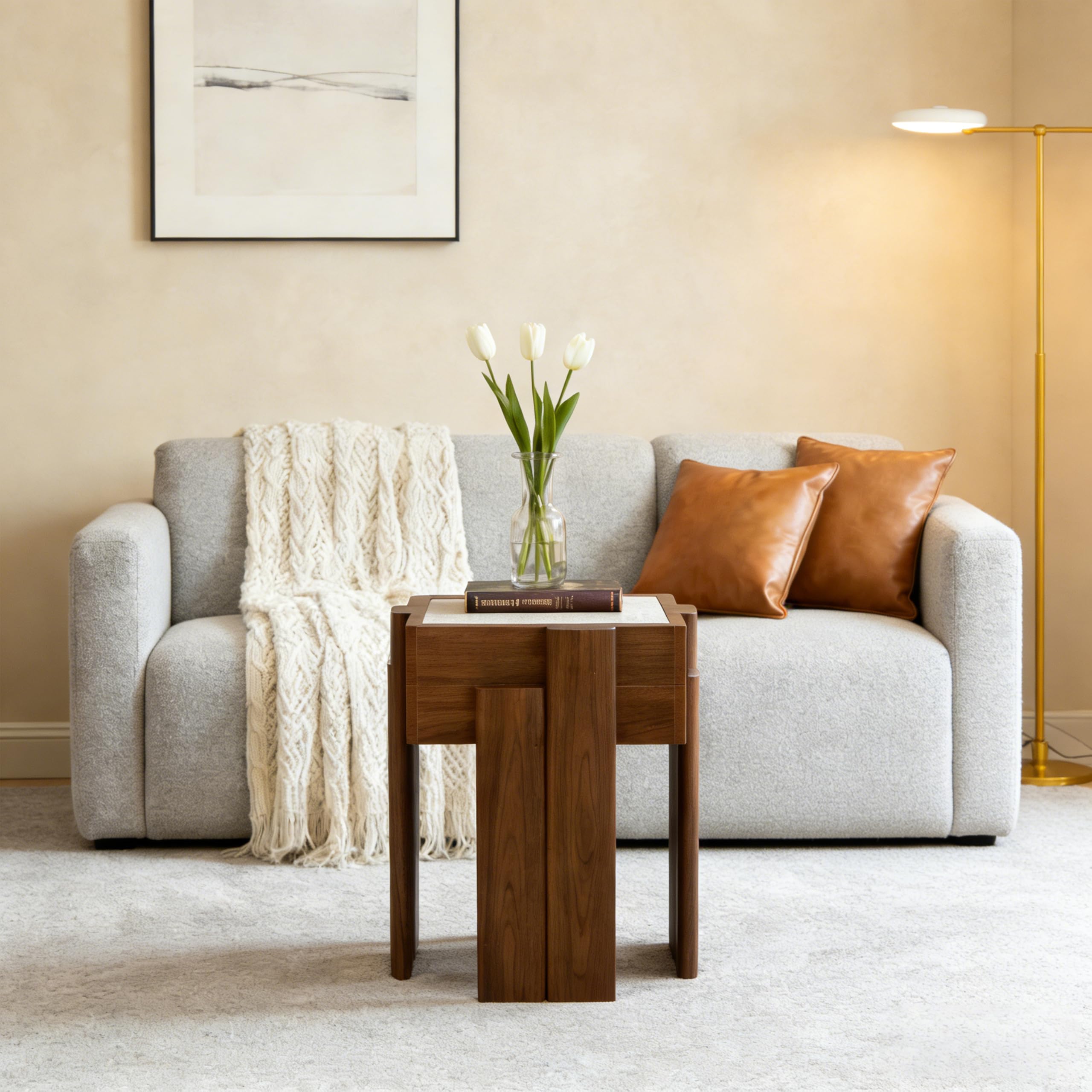 Hometopia 2er Set Beistelltische Quadratisch - Moderner Satztisch in Walnuss-Optik mit Stein-Dekor - Platzsparender Couchtisch & Nachttisch für Wohnzimmer & Schlafzimmer - Nesting Design