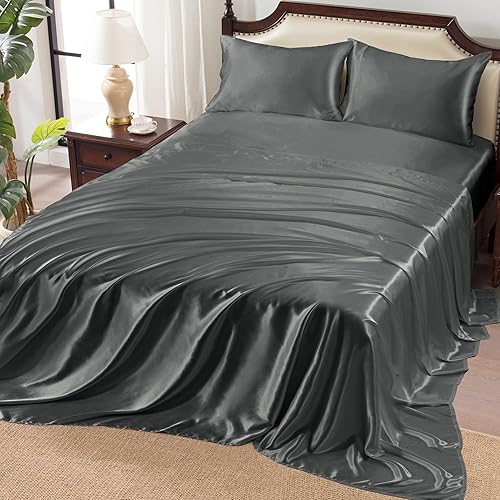 Miniatura 10 de Heywaller Juego de sábanas de satén de 4 piezas tamaño Queen, sábanas de satén gris plateado, sedosas y lujosas, juego de cama suave de bolsillo