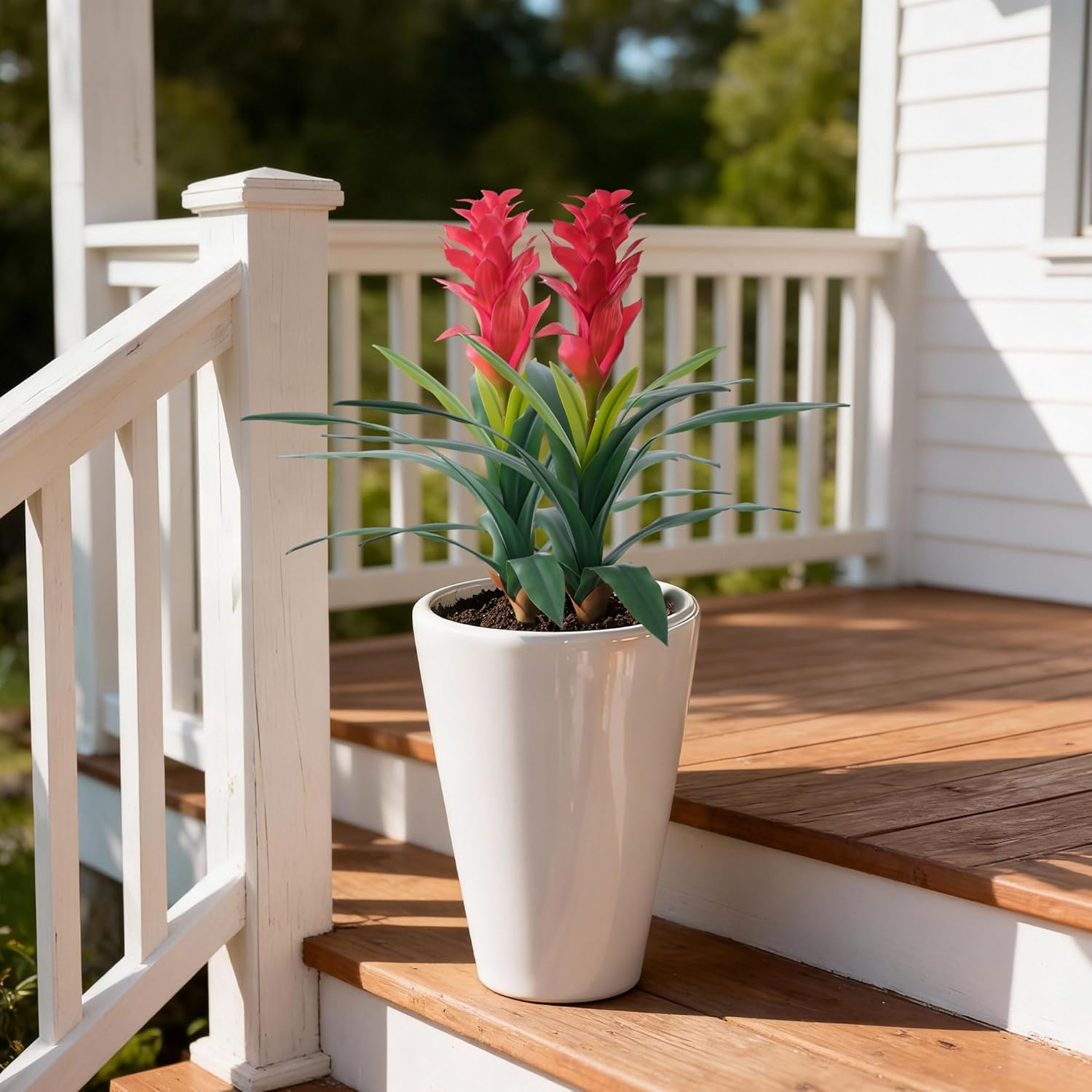 Ivydale Fake Flowers Plants for Outdoors, 2 Pcs 16.93" Bromeliad Artificial Flowers Uv Resistant Realistic Faux Flowers for Outdoor Planters Outside Porch Patio Yard Garden Indoor Decoration(White)