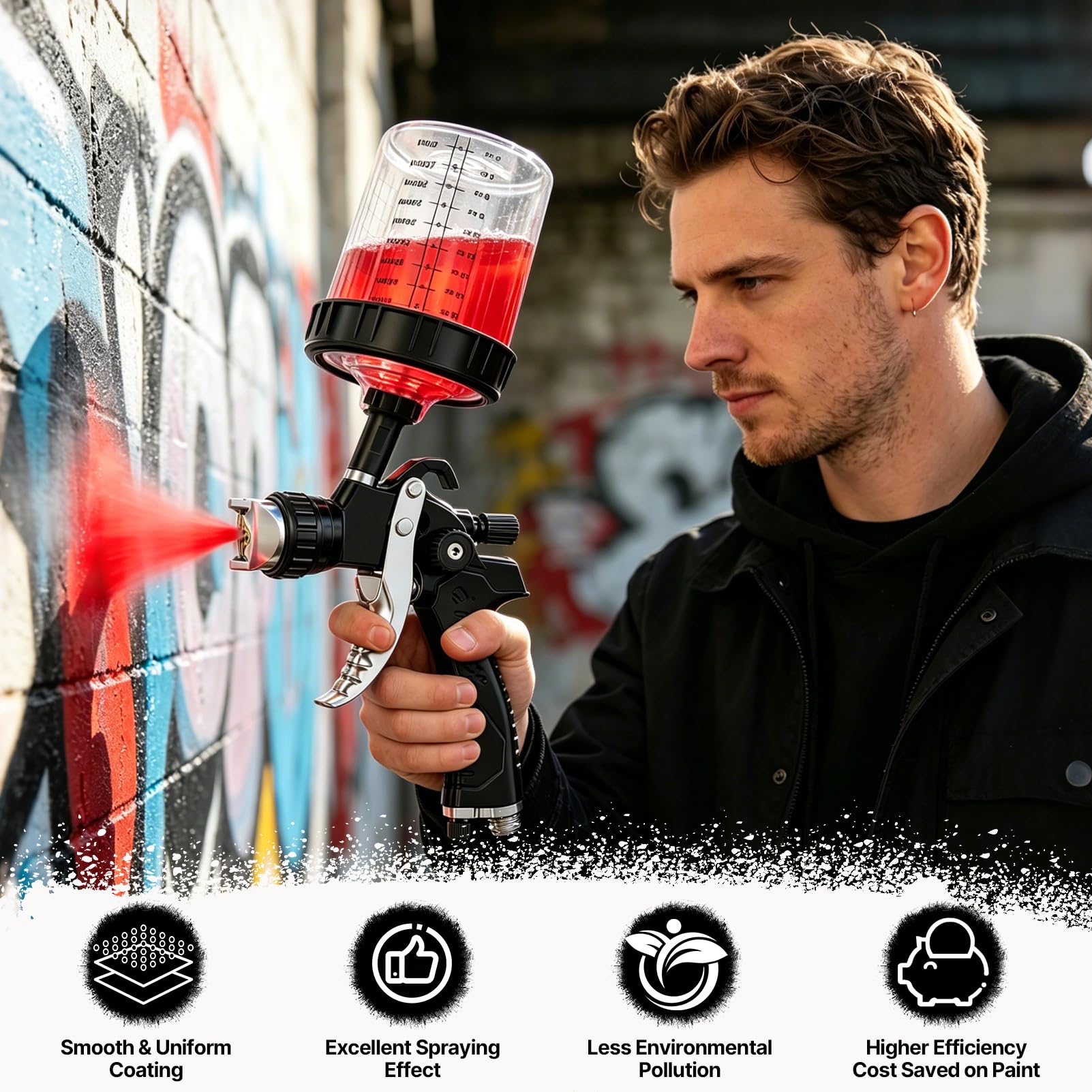 Kit Pistola a Spruzzo HVLP per Verniciatura, con Ugelli da 1,4/1,7/2,0/2,5 mm e Regolatore di Pressione Dell'aria, 10 Serbatoi Monouso da 600 ml, Sistema di Verniciatura Professionale