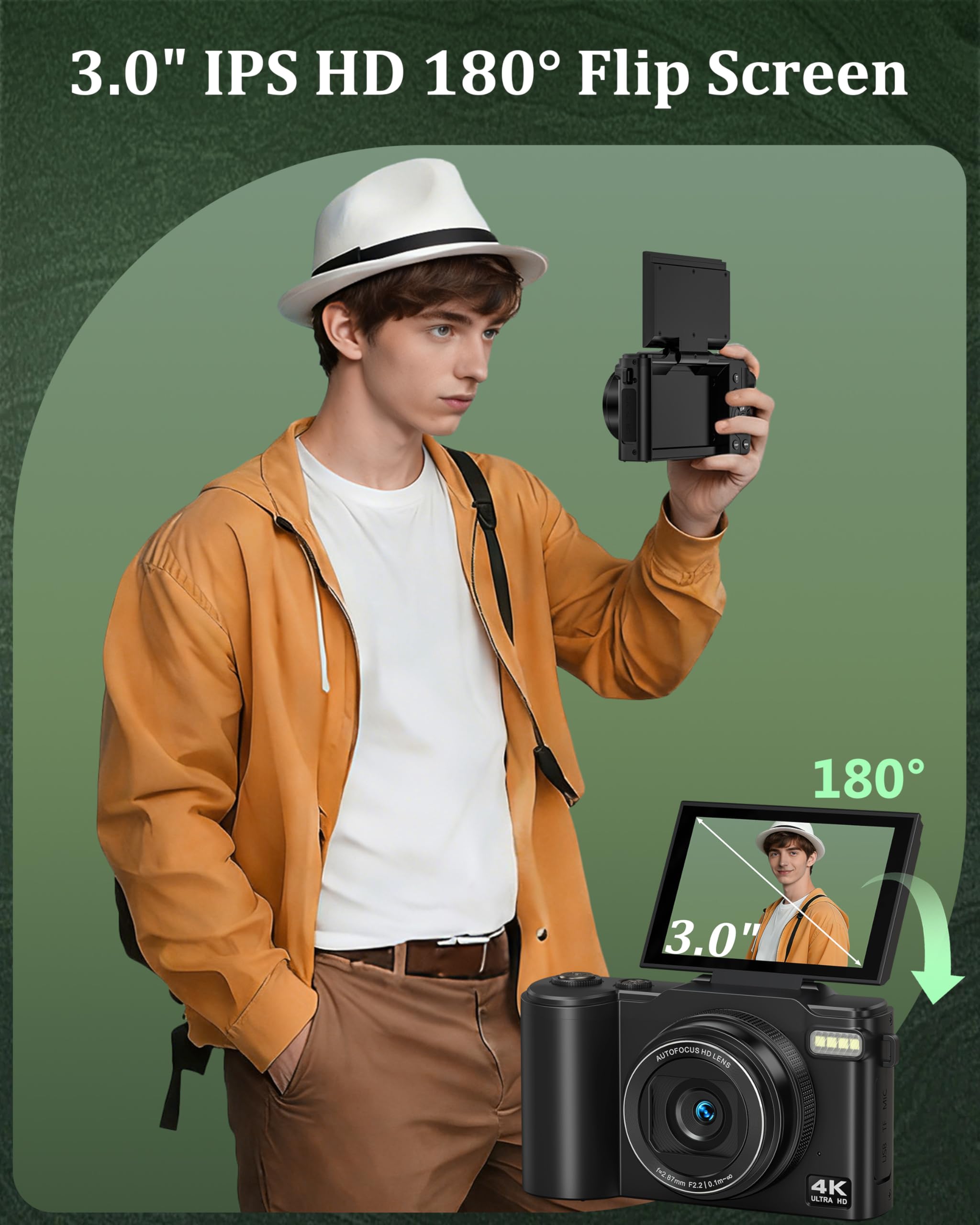 Fotocamera digitale 4K, 64 MP, fotocamera fotografica con schermo a flip da 3,0", 180°, autofocus con zoom digitale 18x, fotocamera compatta portatile con batteria da 1500 mAh, per adolescenti, adulti