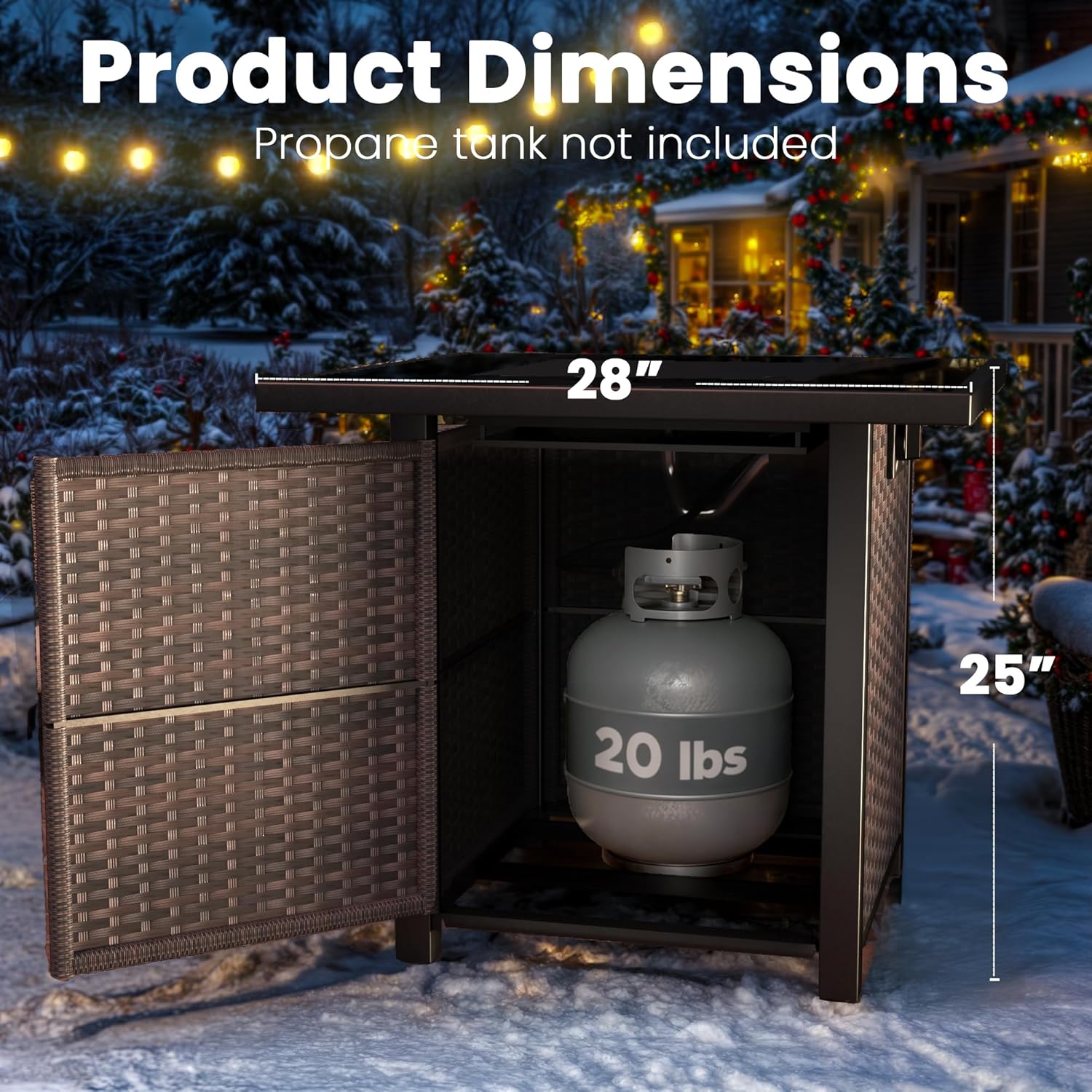 Propane Fire Pit Table, Outdoor Fire Pit Table, 28" Rattan Square Outdoor Gas FirePit with Glass Wind Guard, Tempered Glass Tabletop, Lid, CSA Listed, 50,000 BTU, Outside Patio Deck & Garden, Brown