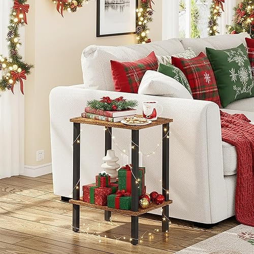 Miniatura 123 de TUTOTAK TB01BK035 - Mesa auxiliar, mesita de noche con estante de almacenamiento de 2 niveles, para espacios pequeños, 2 unidades Negro,Marrón,Gris